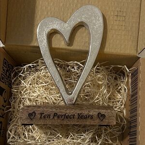 Silver Heart Sculpture with Wooden Base